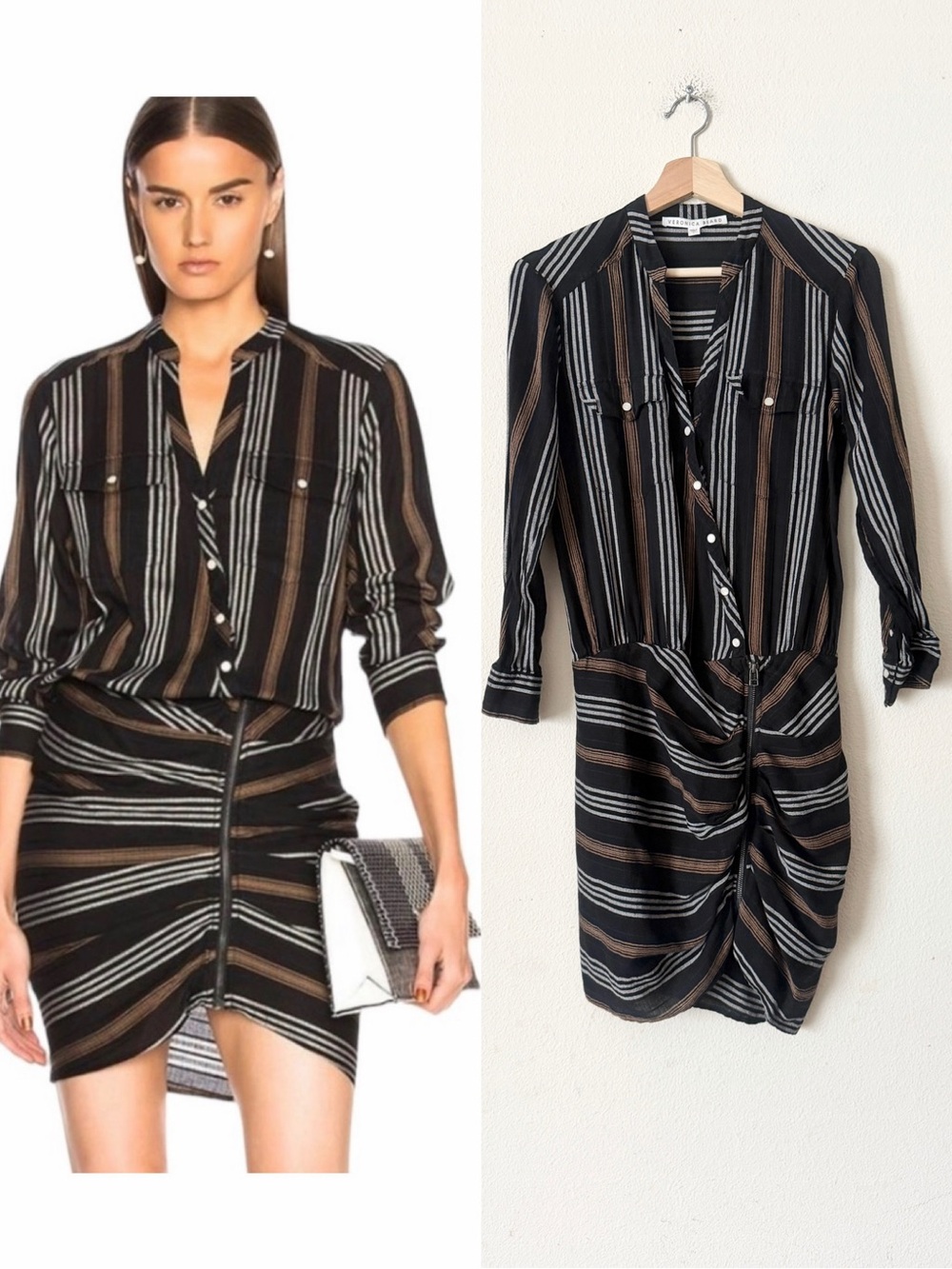 Veronica Beard SIZE 4 Emory black brown striped long sleeve mini ruched dress